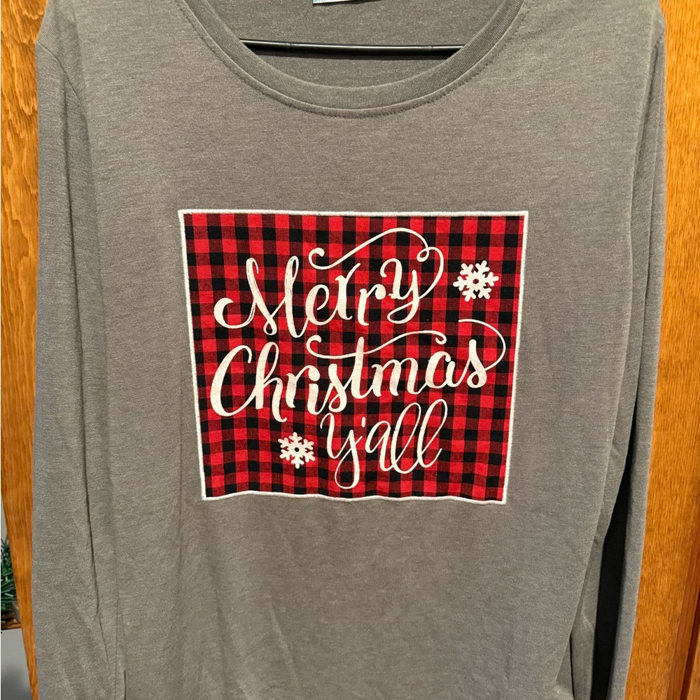 Southern Grace Gray Long Sleeve Tee with Red Plaid Design